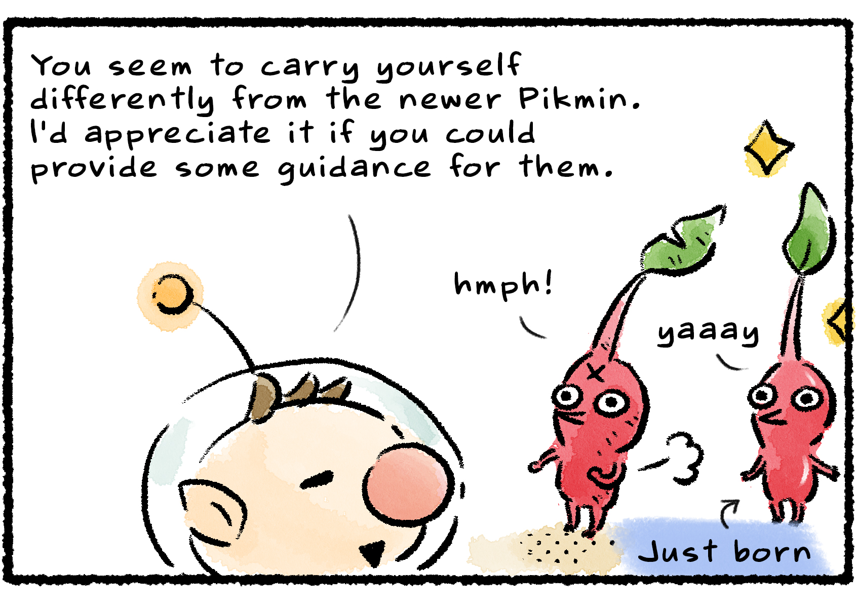 Panel two. "You seem to carry yourself differently from the newer Pikmin," Olimar says. "I'd appreciate it if you could provide some guidance for them." The veteran Pikmin stands alongside another Red Pikmin that was just born.
