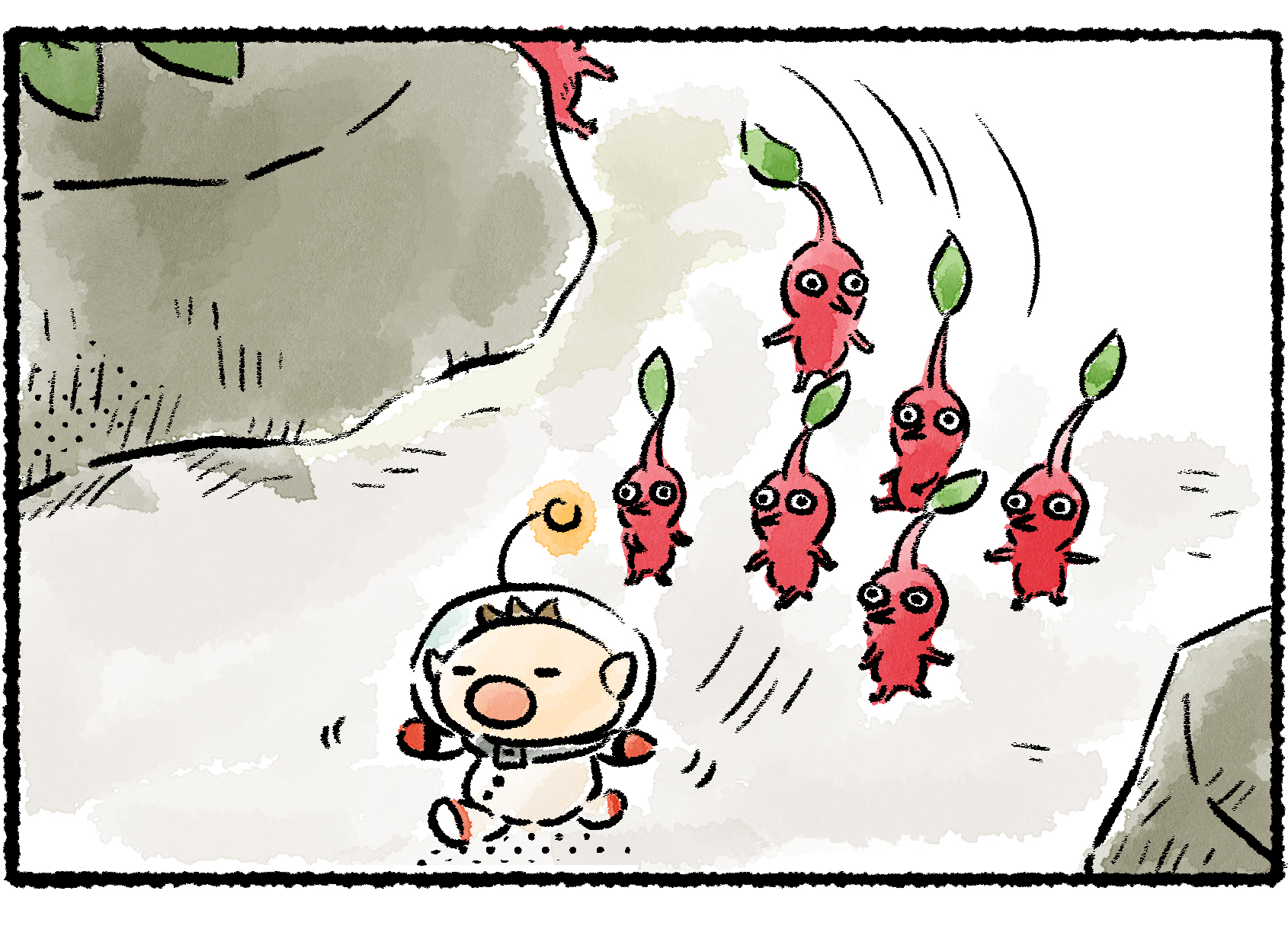 Panel three. Olimar leads a group of Red Pikmin around a bend. One of the Pikmin makes a rookie mistake and gets stuck on the rocks, beginning to fall behind.