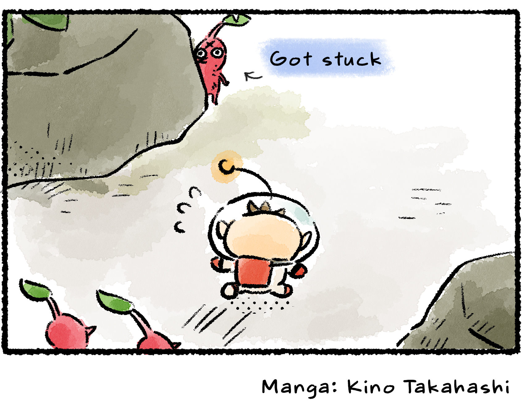 Panel four. Olimar turns around to collect the wayward Pikmin, only to discover that it's the same veteran Pikmin he was speaking to earlier.