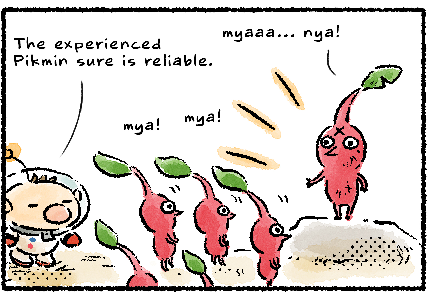 Panel one. The veteran Pikmin from the previous strip is giving a lecture to a group of its fellows. "The experienced Pikmin sure is reliable," Olimar says.