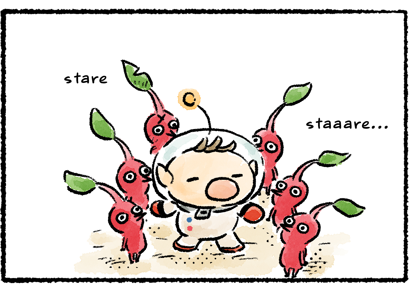 Panel three. The Red Pikmin all gather closely around Olimar and stare at him intently.