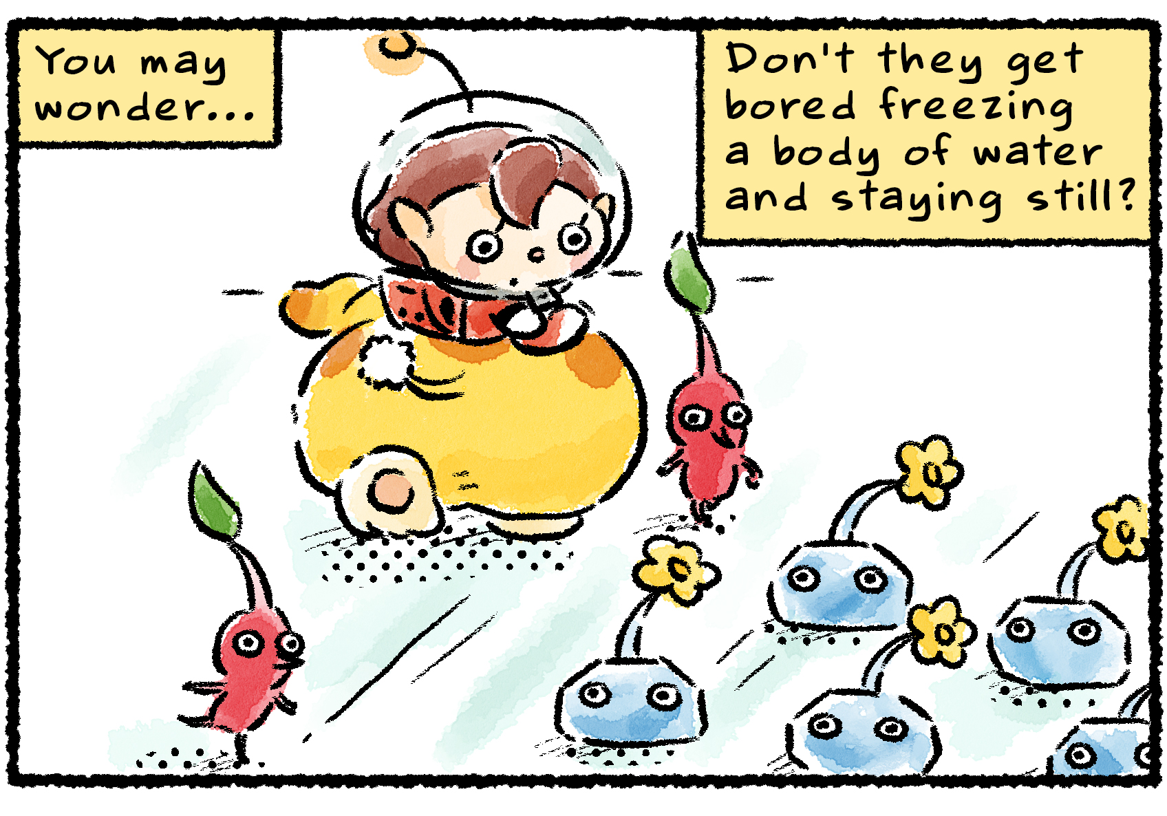 Panel one. A Rescue Officer, Oatchi, and two Red Pikmin cross a frozen body of water where several Ice Pikmin are submerged. Narrator text reads: "You may wonder… Don't they get bored freezing a body of water and staying still?"
