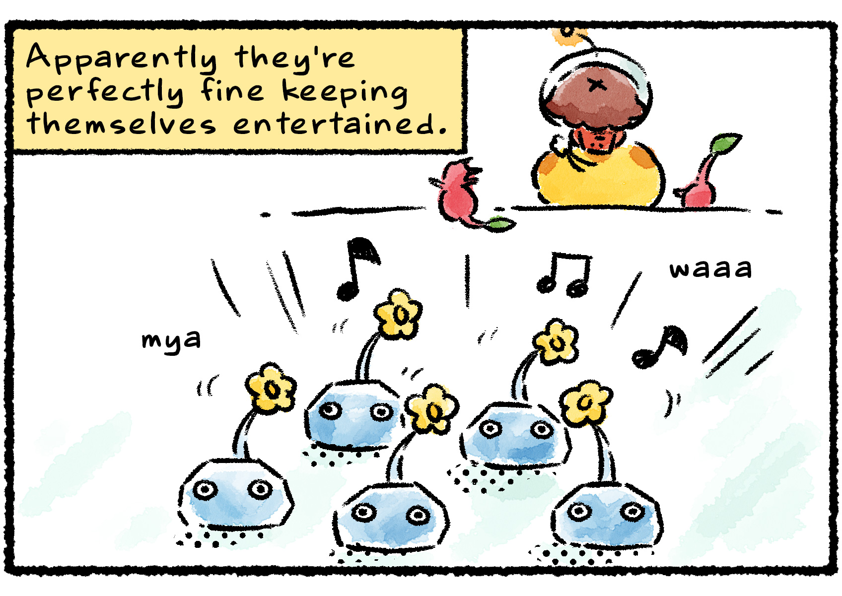 Panel two. As the group recedes into the distance, the Ice Pikmin remain behind, singing to one another. Narrator text reads: "Apparently they're perfectly fine keeping themselves entertained."