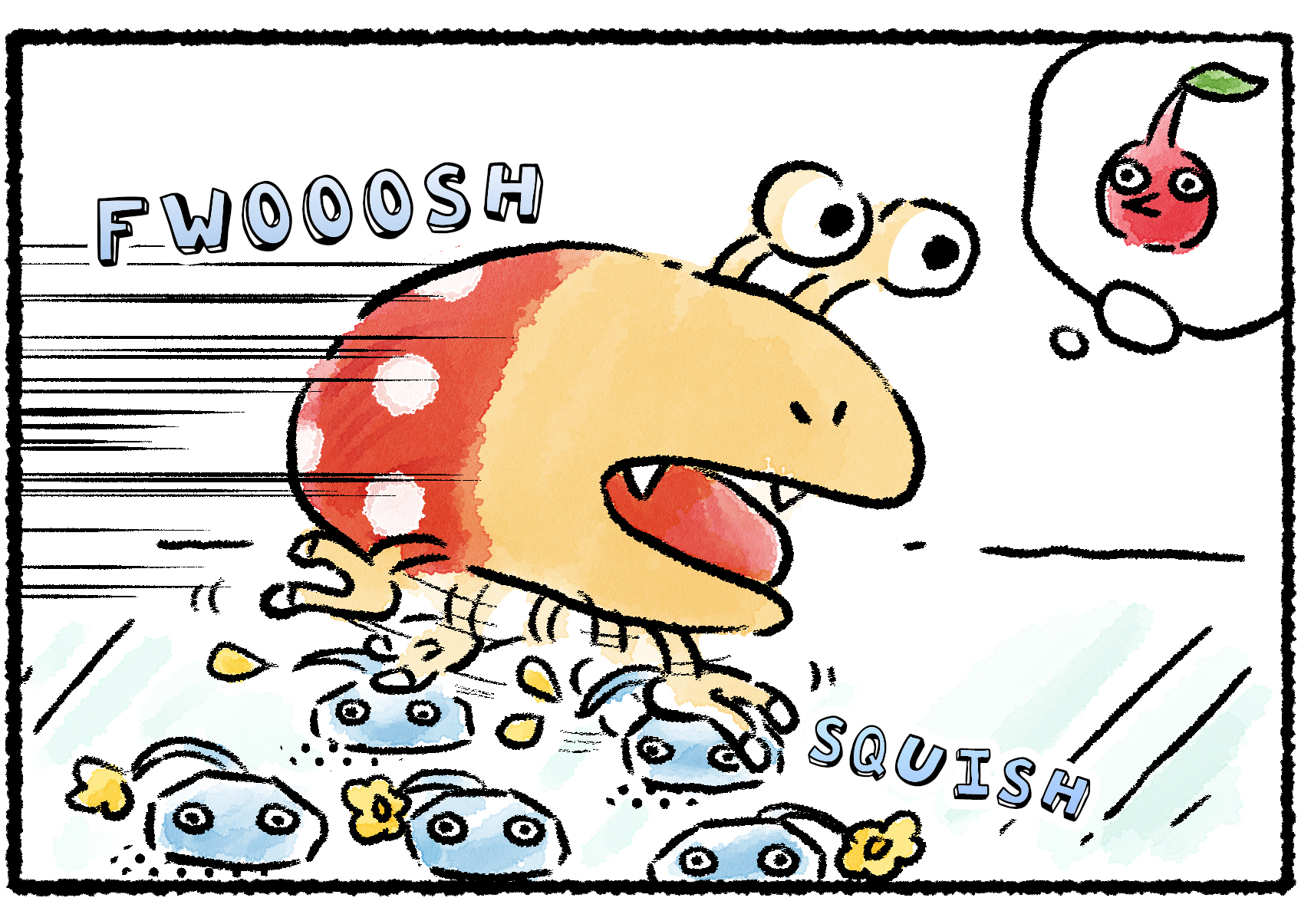 Panel three. A Bulborb storms across the ice, thinking hungry thoughts about Red Pikmin. It tramples right over the Ice Pikmin.