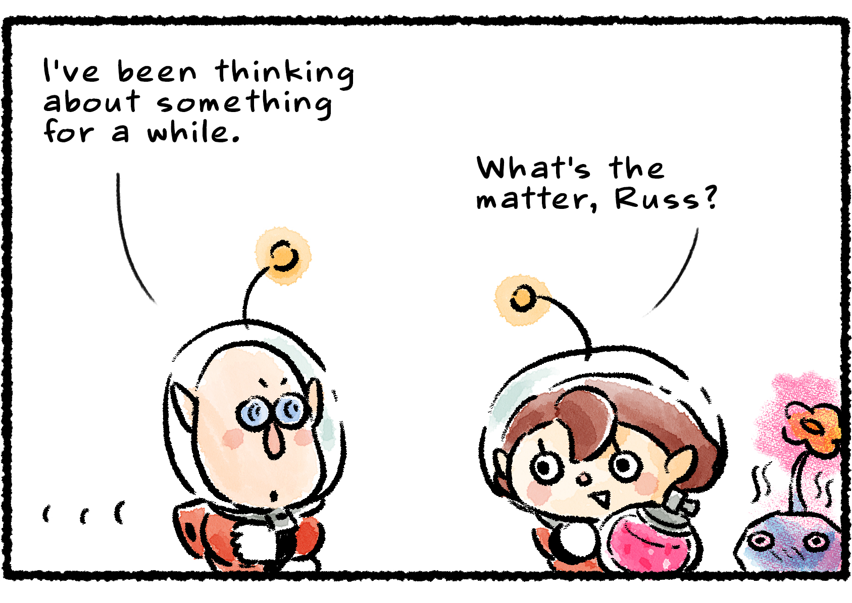 Panel one. A Rescue Officer is talking to Russ while holding a bottle of Ultra-Spicy Spray. "I've been thinking about something for a while," Russ says. "What's the matter, Russ?" the Rescue Officer asks.