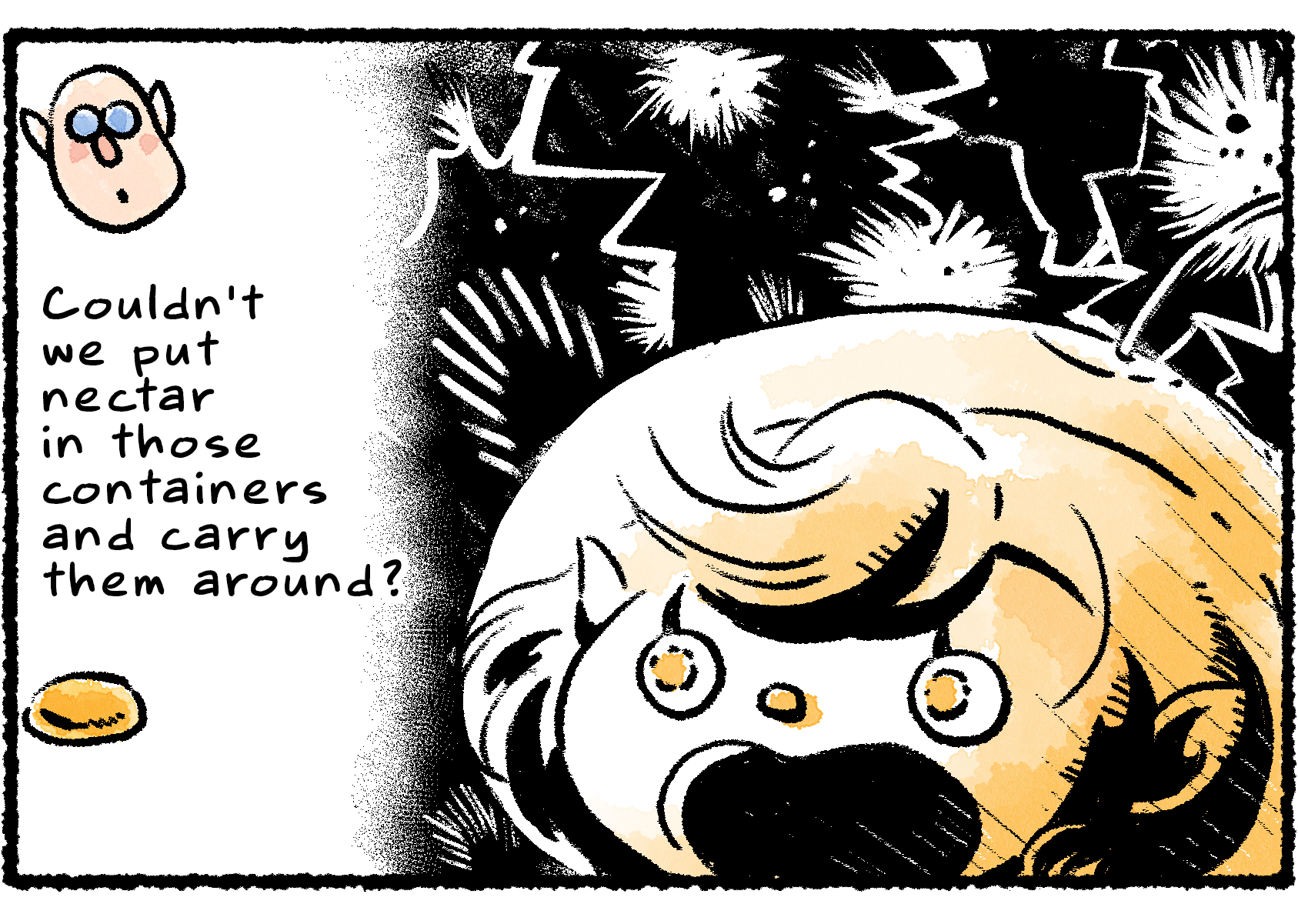 Panel two. "Couldn't we put nectar in those containers and carry them around?" Russ asks. A closeup of the Rescue Officer's starstruck face, with lightning bolts in the background, illustrates how much her mind is blown by this idea.