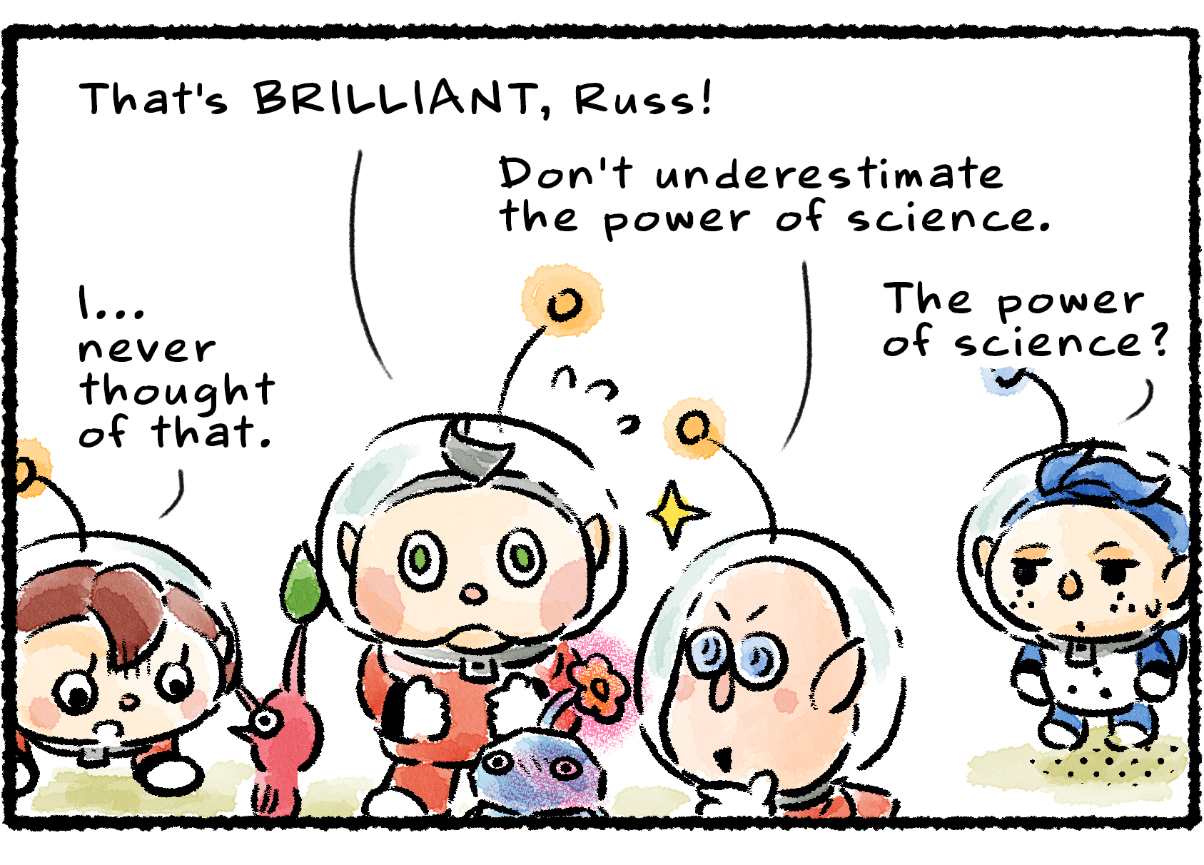 Panel three. "I…never thought of that," the Rescue Officer says. "That's BRILLIANT, Russ!" Collin says. "Don't underestimate the power of science," Russ says. Aside, Yorke thinks to himself skeptically, "The power of science?"