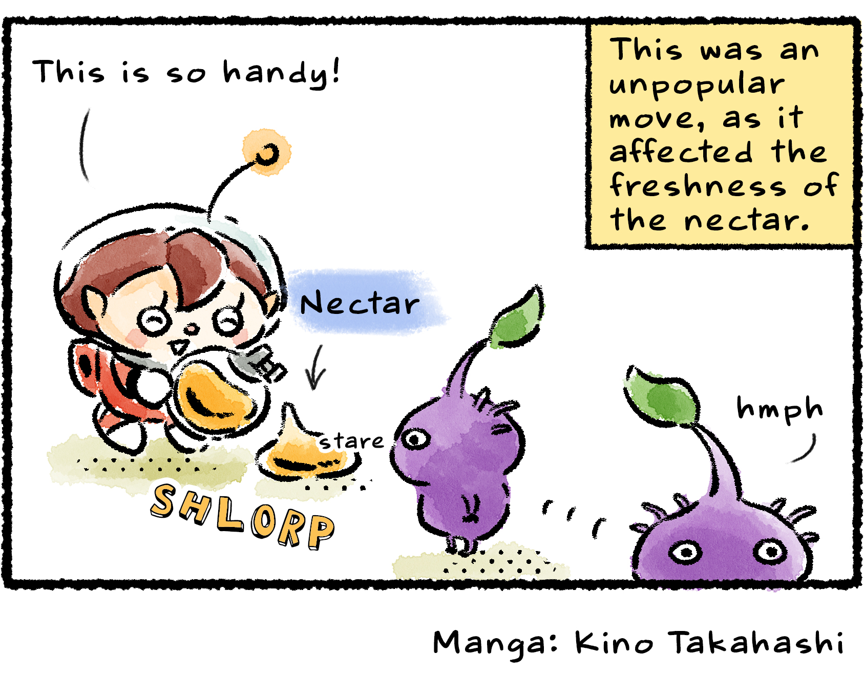 Panel four. The Rescue Officer empties a bottle of nectar onto the ground in front of an unimpressed-looking Purple Pikmin. "This is so handy!" she says. Narrator text reads: "This was an unpopular move, as it affected the freshness of the nectar."