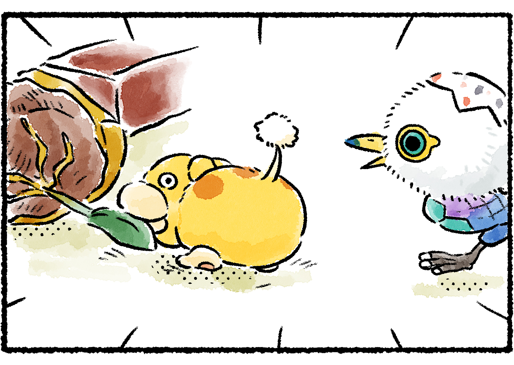 Panel two. The first thing the Downy Snagret sees is Oatchi tugging on the leaf of a potted plant.