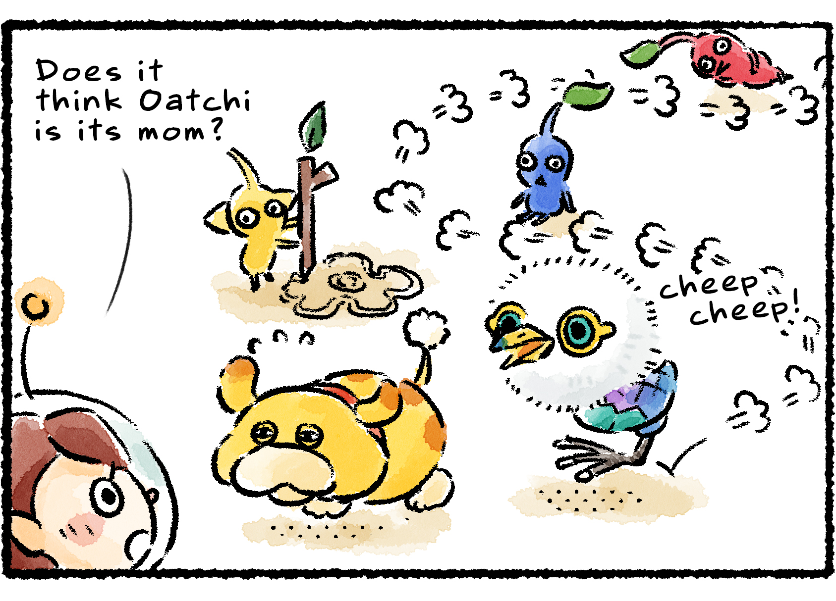 Panel three. The Downy Snagret is following Oatchi everywhere. "Does it think Oatchi is its mom?" a Rescue Officer wonders.