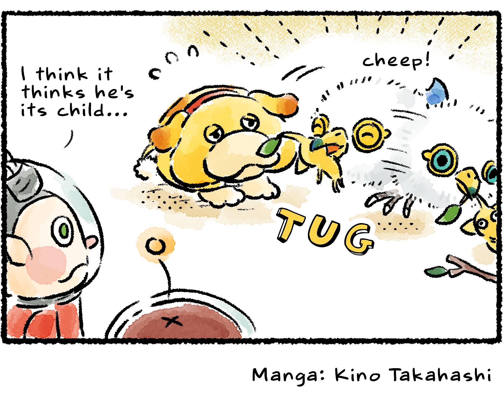 Panel four. The Downy Snagret takes a Pikmin in its beak and tries offering it to Oatchi. "I think it thinks he's its child…" Collin says.