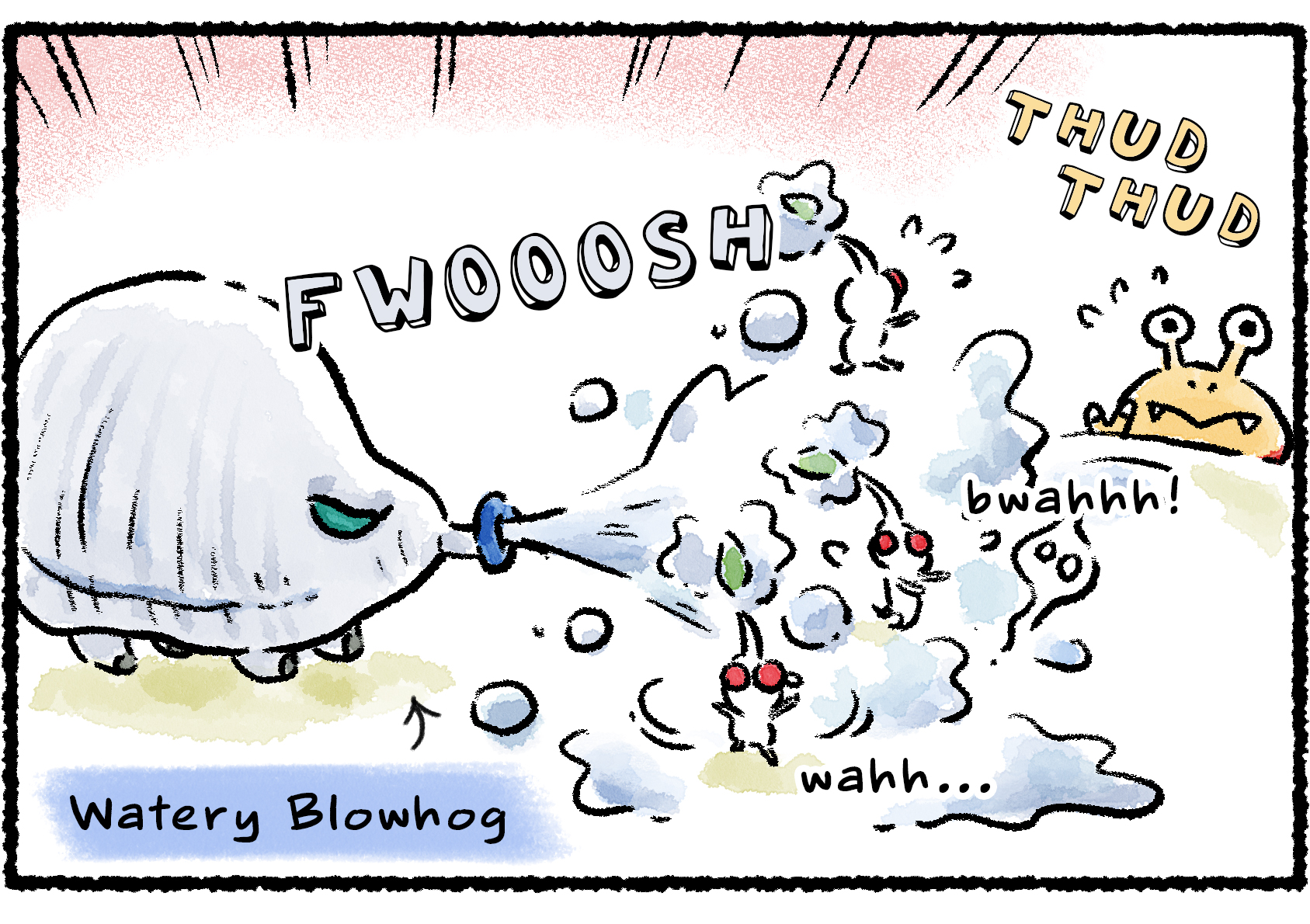 Panel one. A Blizzarding Blowhog blows snow all over a group of White Pikmin. As some of the White Pikmin fall, a Bulborb approaches from the background.