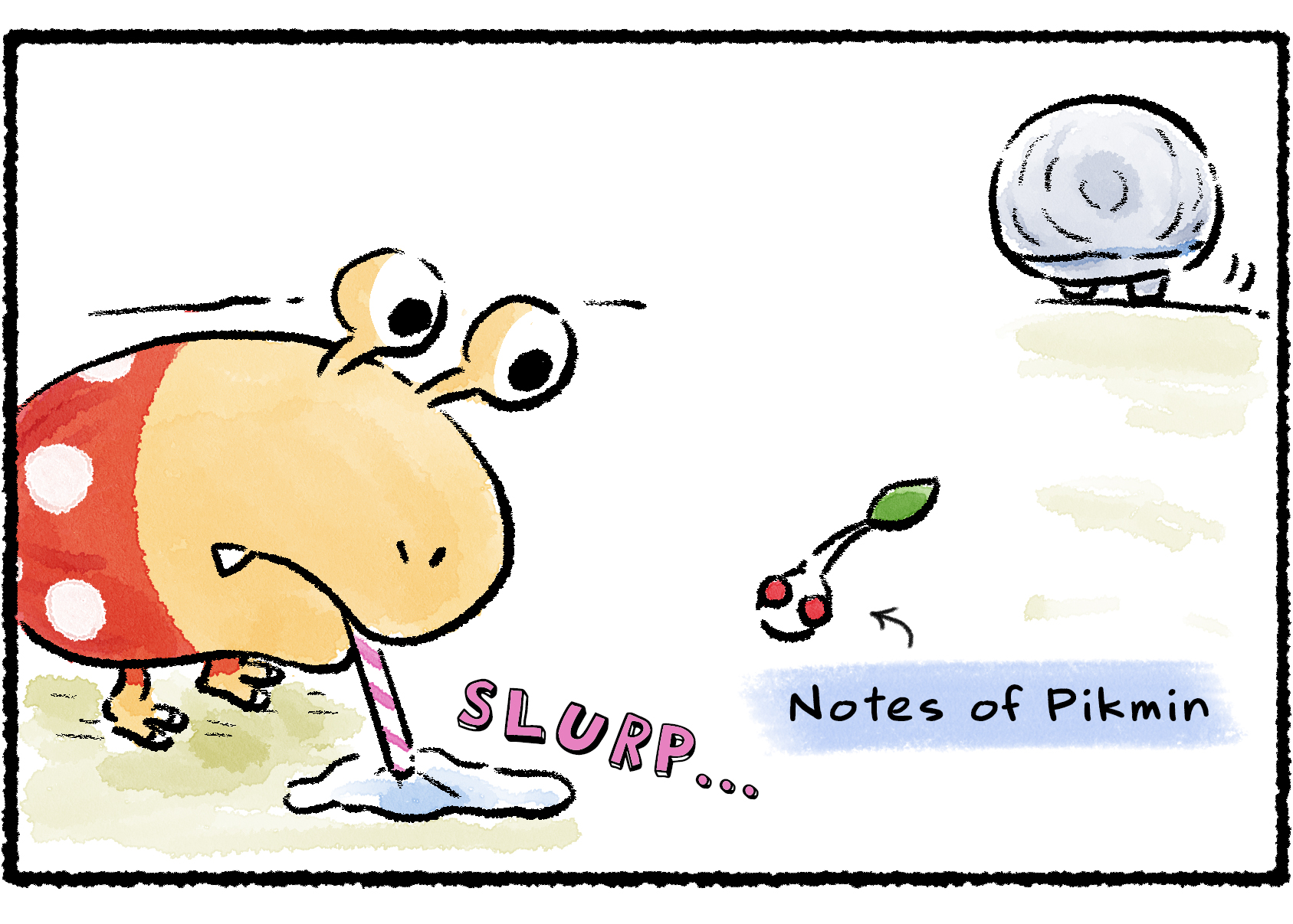 Panel two. While the Blizzarding Blowhog goes on its way, the Bulborb begins slurping up the Pikmin-flavored snow with a straw. Descriptive text reads, "Notes of Pikmin," alongside a White Pikmin's face.
