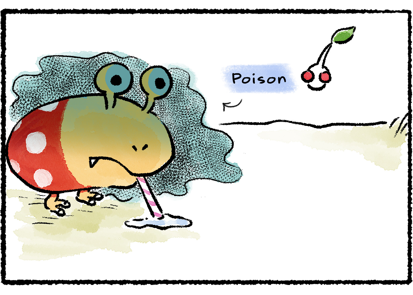 Panel three. The Bulborb now looks sick, with a cloud of dark vapor surrounding it. Descriptive text reads "Poison" again with a picture of a White Pikmin's face.