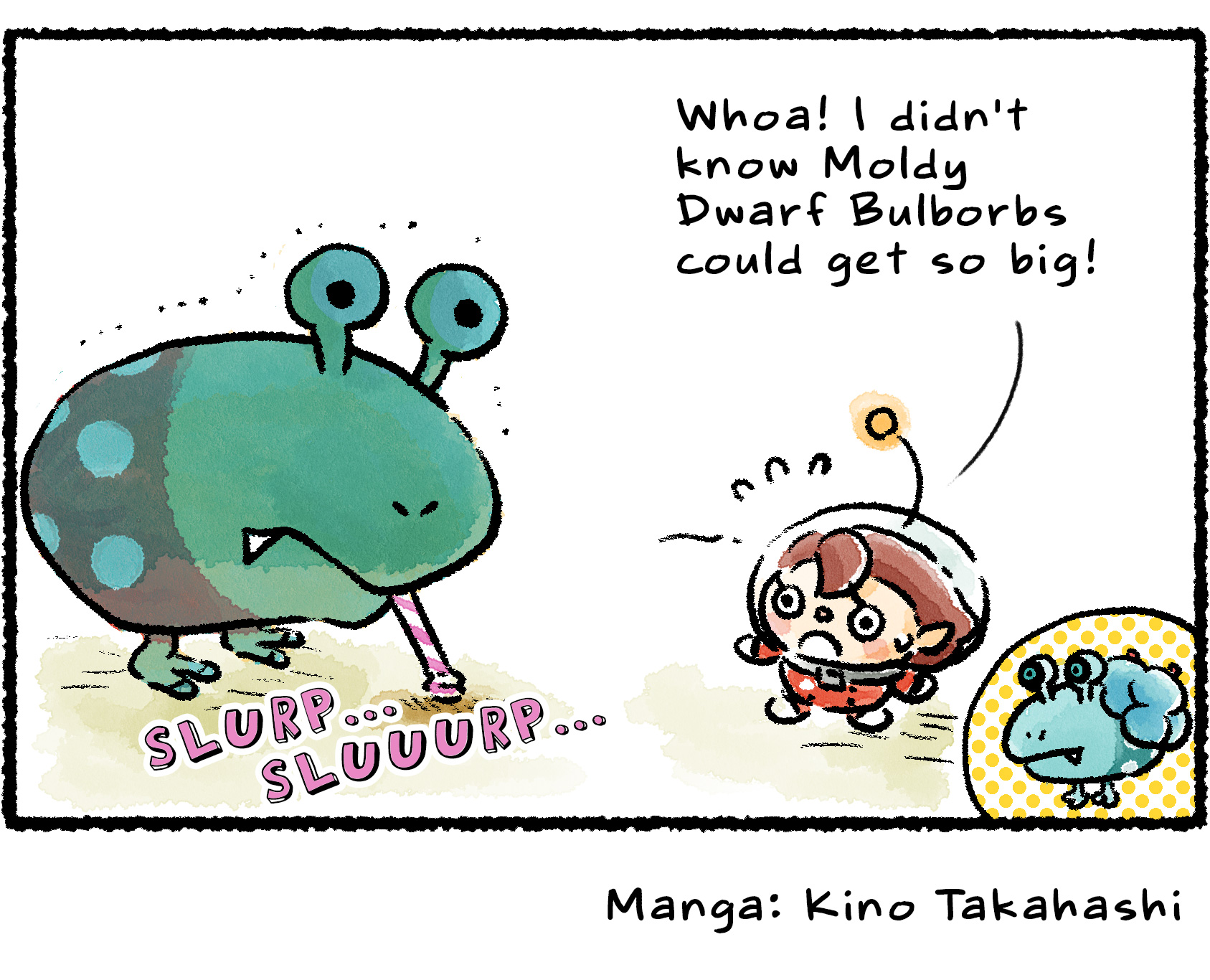 Panel four. The Bulborb has frozen and turned a blue-gray color. A Rescue Officer happens by and says, "Whoa! I didn't know Moldy Dwarf Bulborbs could get so big!" A sketch of a Moldy Dwarf Bulborb appears in the bottom left for comparison.