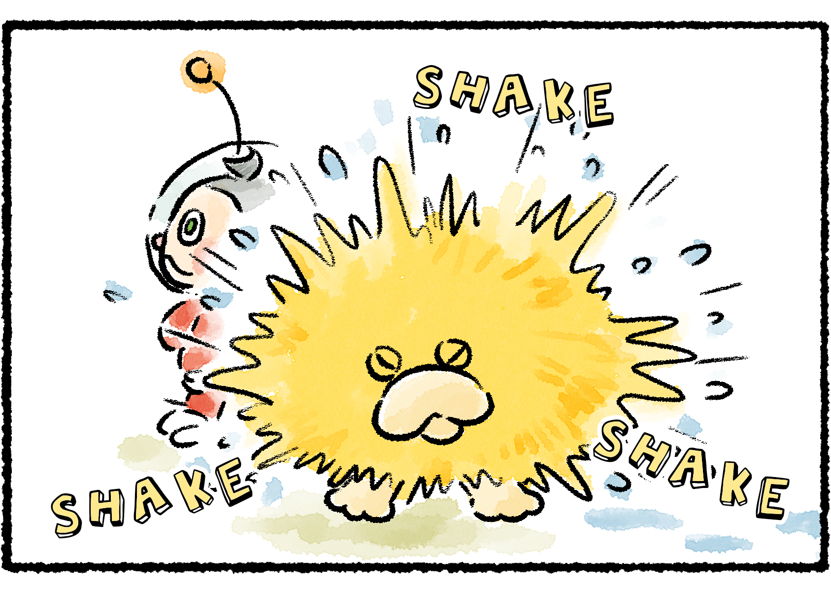 Panel two. Oatchi chooses the spot where Collin is standing to shake himself out. Wet fur flies everywhere.