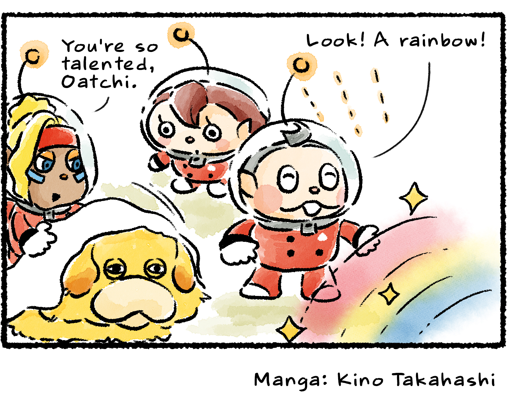 Panel four. "Look!" Collin says. "A rainbow!" As he and a Rescue Officer admire the rainbow, Shepherd finally catches up to Oatchi with the towel. "You're so talented, Oatchi," she says.