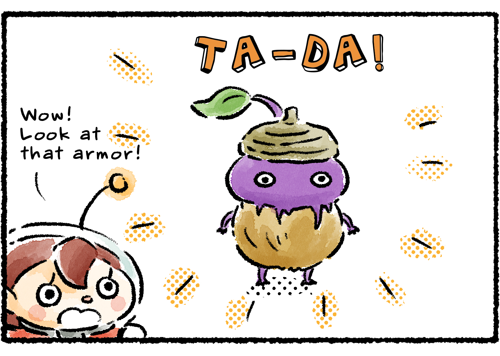Panel two. The Purple Pikmin shows up wearing armor made out of an acorn split in half, with the top part around its head and the bottom half worn around its body. Text above the Pikmin reads, "TA-DA!" The Rescue Officer says, "Wow! Look at that armor!"