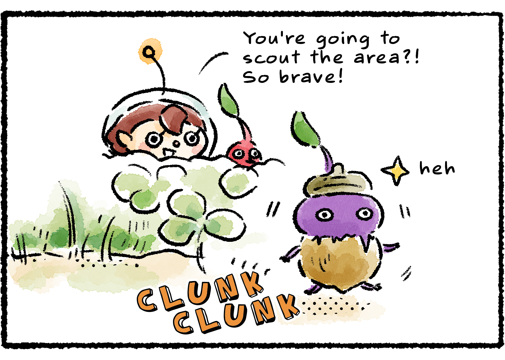 Panel three. The armored Purple Pikmin confidently strides forward. "You're going to scout the area?!" the Rescue Officer says, while hiding in the foliage with the Red Pikmin. "So brave!"
