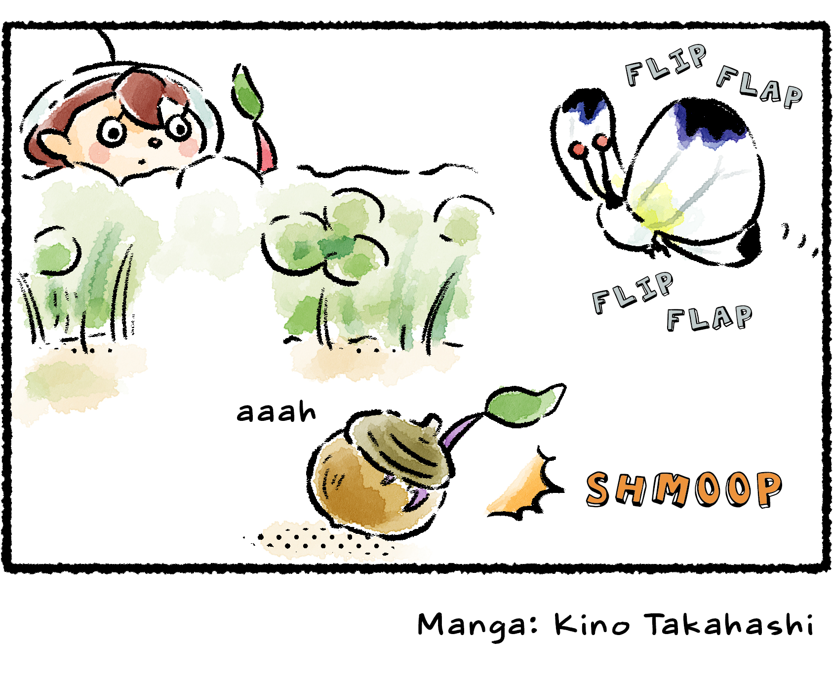 Panel four. As a White Spectralid flutters overhead, the Purple Pikmin squats down to hide. The two pieces of armor snap together, disguising the Purple Pikmin as an acorn.