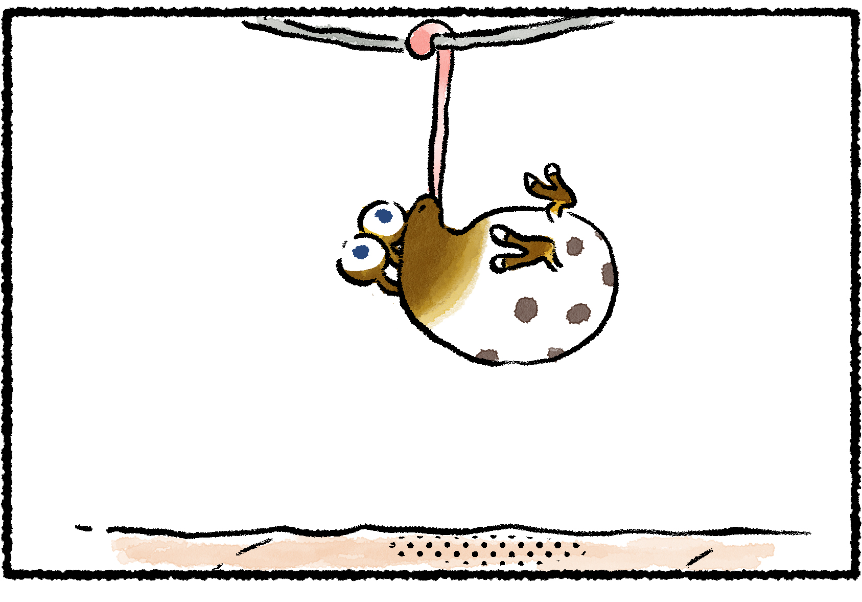 Panel one. A Whiptongue Bulborb is hanging from a metal rail by its tongue.