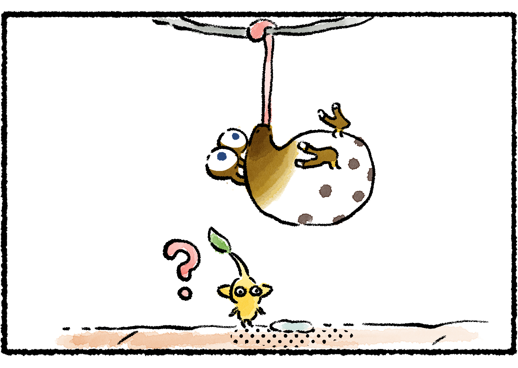 Panel two. A Yellow Pikmin wanders below the hanging Bulborb and is confused by the puddle of drool accumulating there.