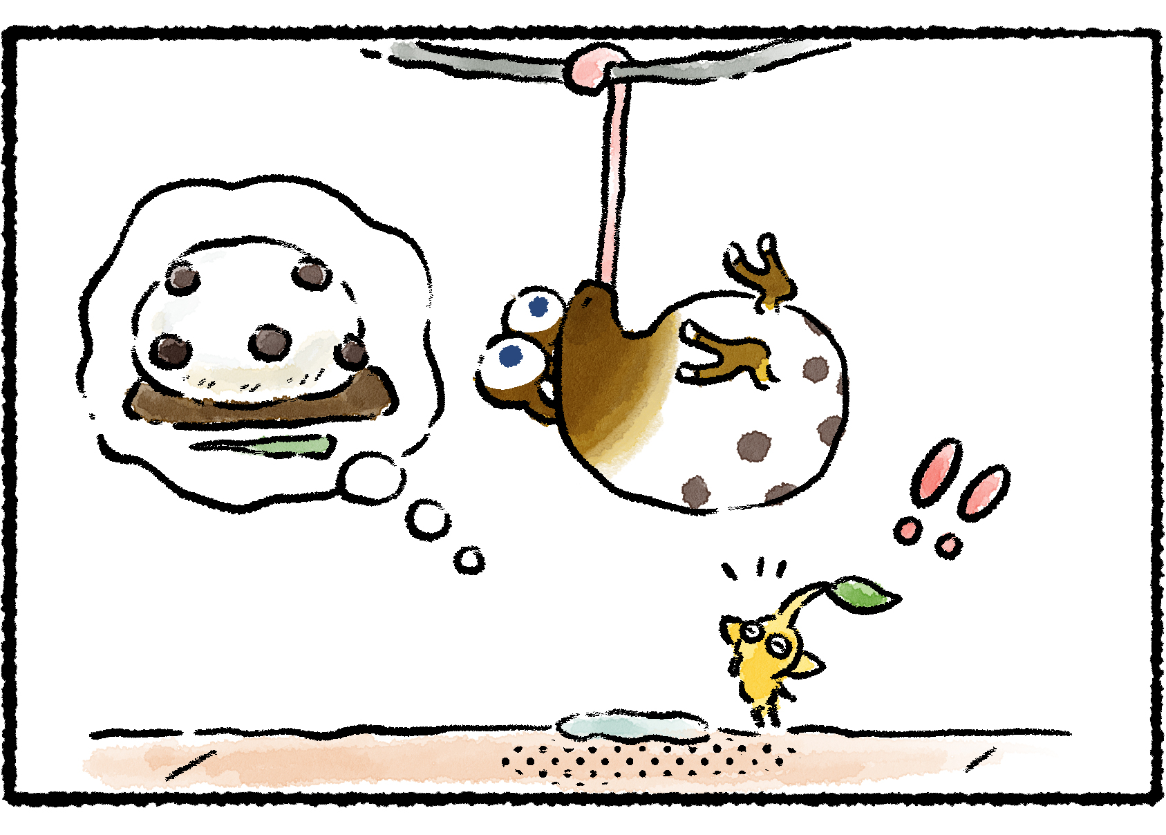 Panel three. The Yellow Pikmin looks up and sees the Whiptongue Bulborb, but from this angle the Pikmin can only see its round, spotted back. The Pikmin seems to think it's looking at a sweet snack of some kind.