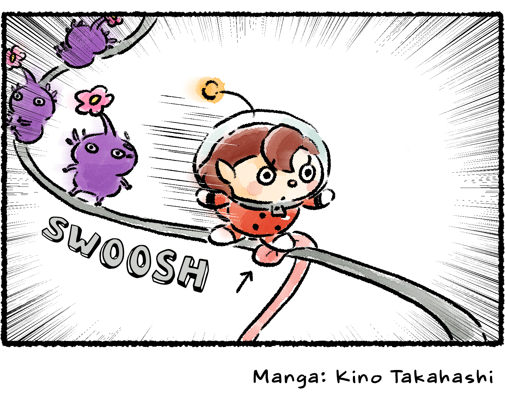 Panel four. A Rescue Officer leads a group of Purple Pikmin in skating down the metal rail, when her foot collides with the Bulborb's waiting tongue.