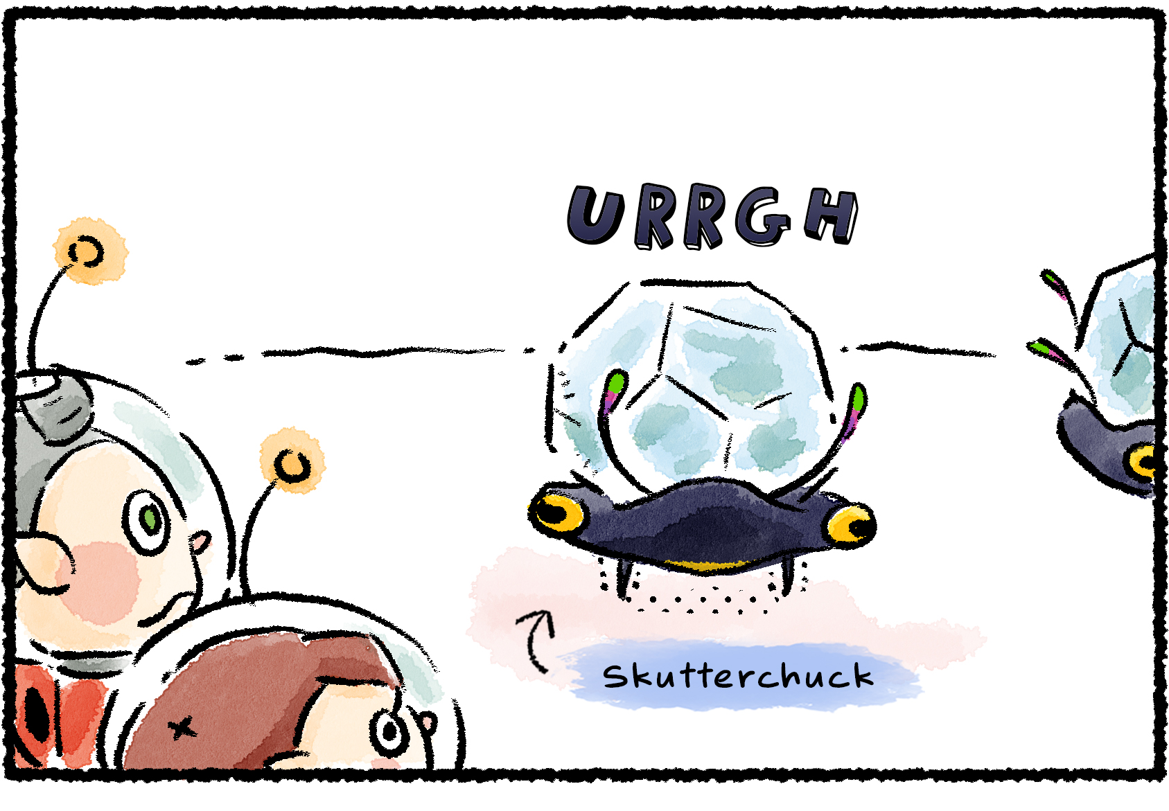 Panel one. Collin and a Rescue Officer observe a pair of Skutterchucks carrying crystal nodules.