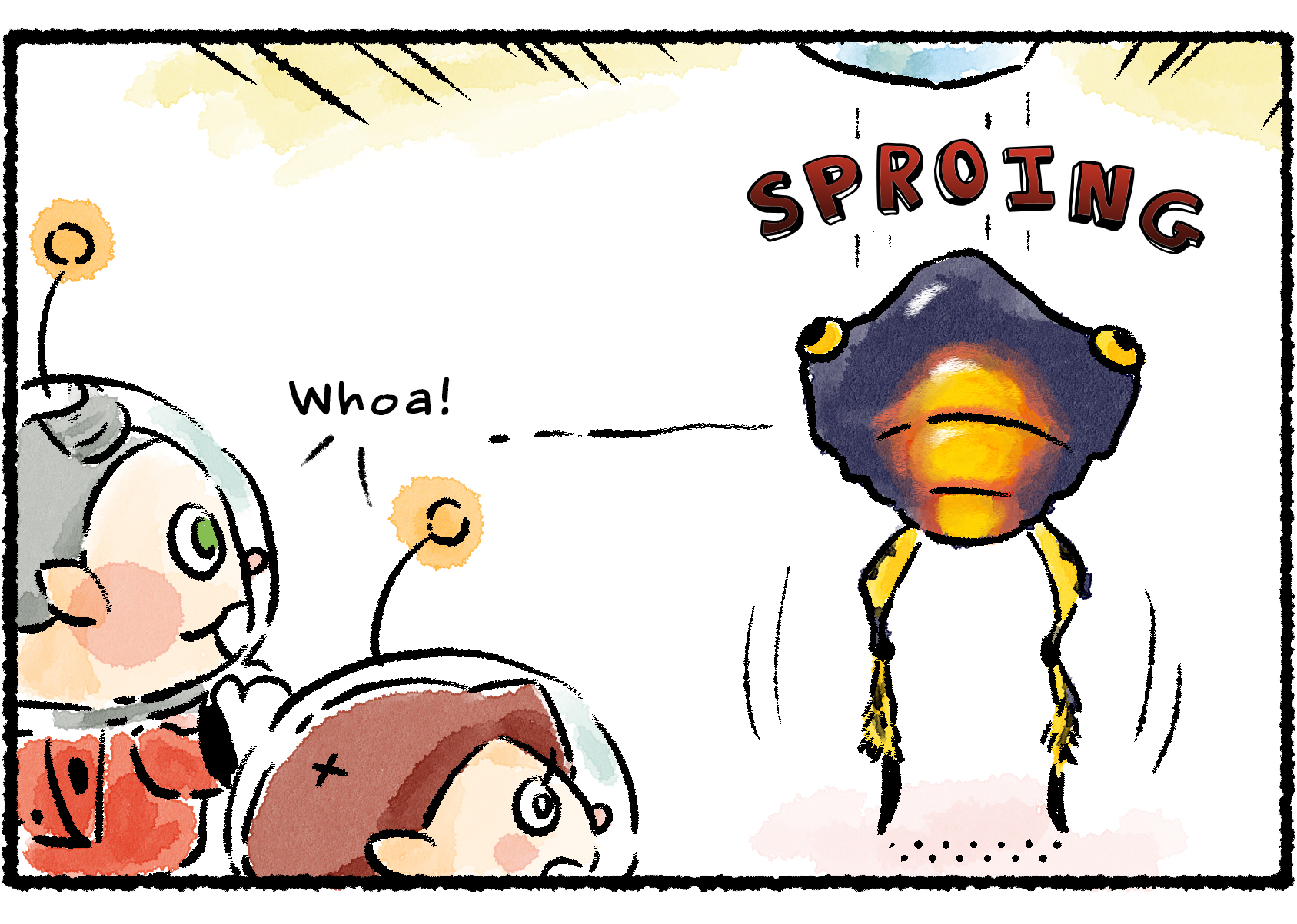 Panel two. One of the Skutterchucks tosses its crystal nodule high into the air. Collin and the Rescue Officer both look shocked and say, "Whoa!"