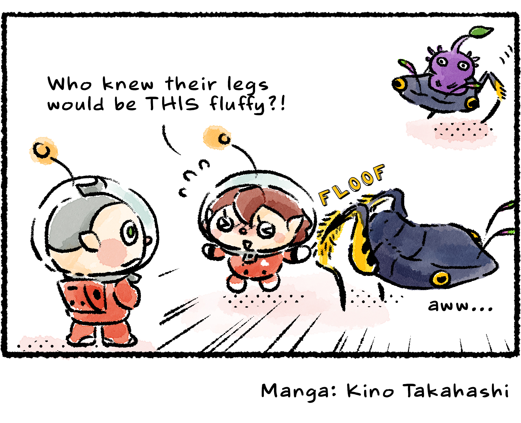 Panel four. Back on the ground, it is revealed that the Rescue Officer was actually talking about the Skutterchucks' legs. "Who knew their legs would be THIS fluffy?!" she says. In the background, a Purple Pikmin rides the other Skutterchuck.