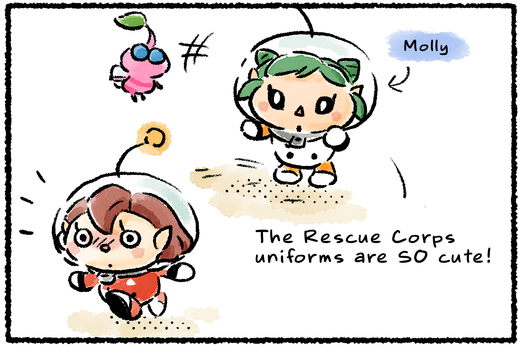 Panel one. Molly and a Winged Pikmin watch a Rescue Officer walk. "The Rescue Corps uniforms are SO cute!" Molly says.