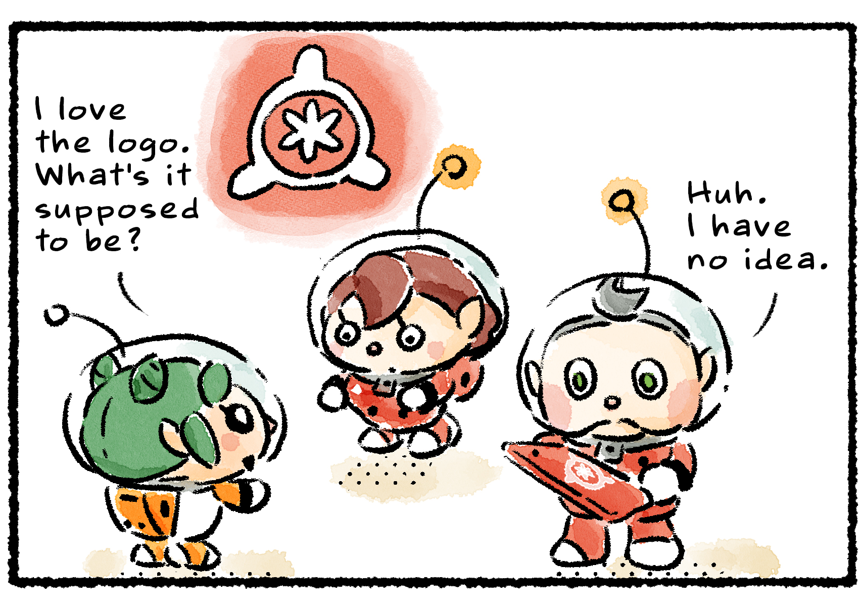 Panel two. "I love the logo," Molly says to the Rescue Officer. "What's it supposed to be?" The logo is in the top right: a star inside a circle, with three nodes in a triangular arrangement around the edge. "Huh," Collin says. "I have no idea."