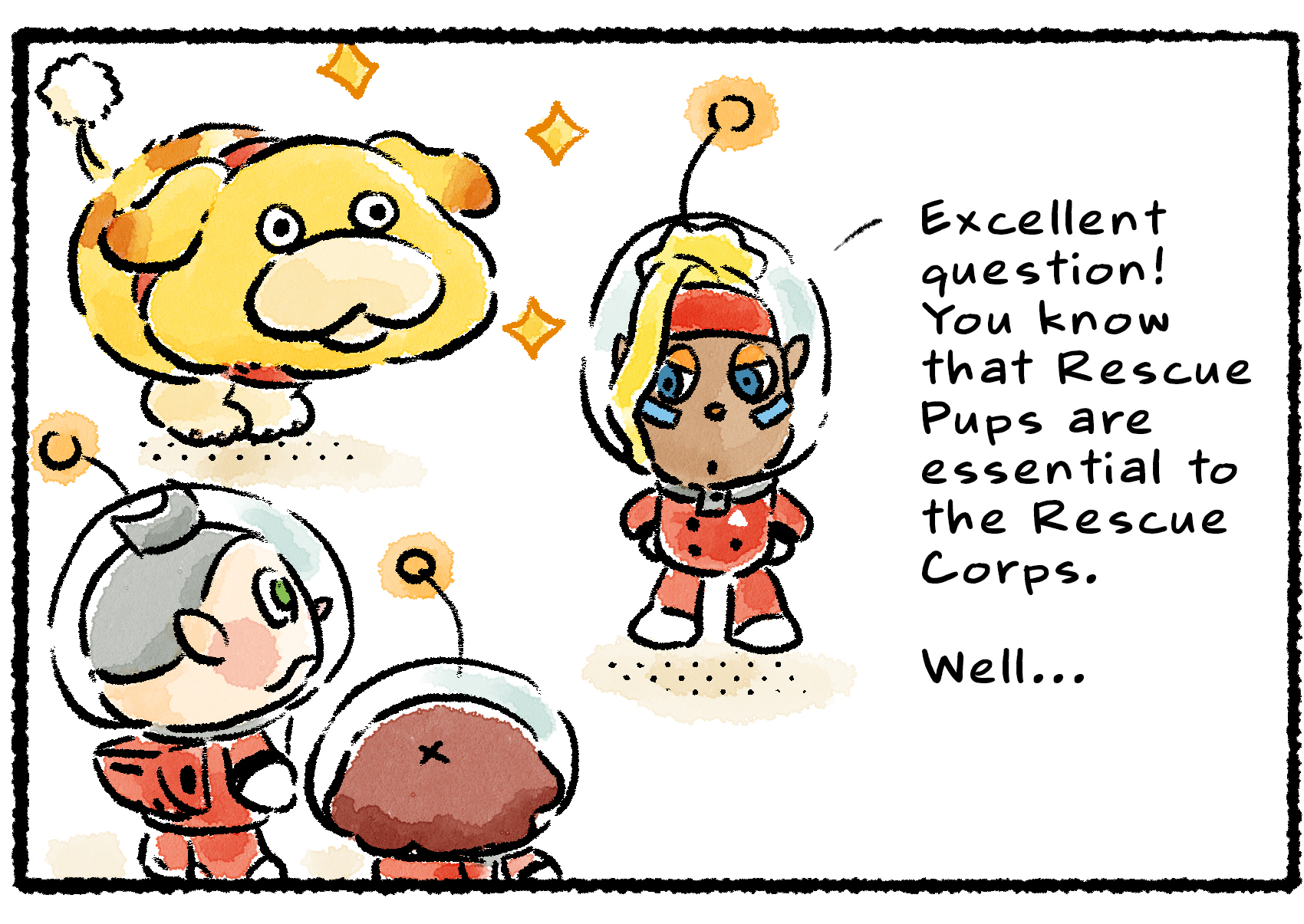 Panel three. "Excellent question!" Shepherd says to the group, with Otachi by her side. "You know that Rescue Pups are essential to the Rescue Corps. Well…"