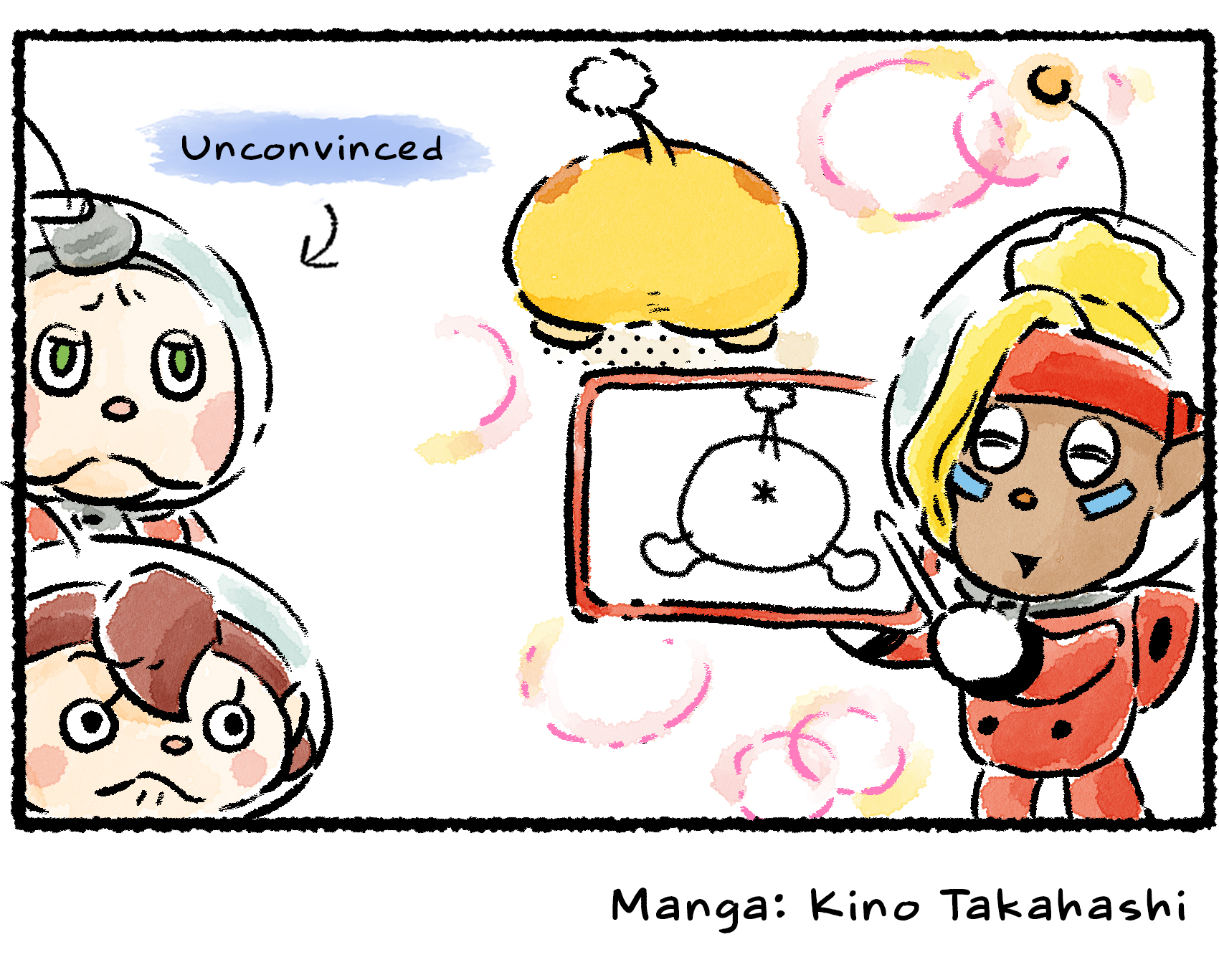 Panel four. Shepherd shows a sketch of Oatchi's backside on her tablet, where his butt forms the circle and his tail puff and legs match the arrangement of nodes. The group is unconvinced that this is where the logo comes from.