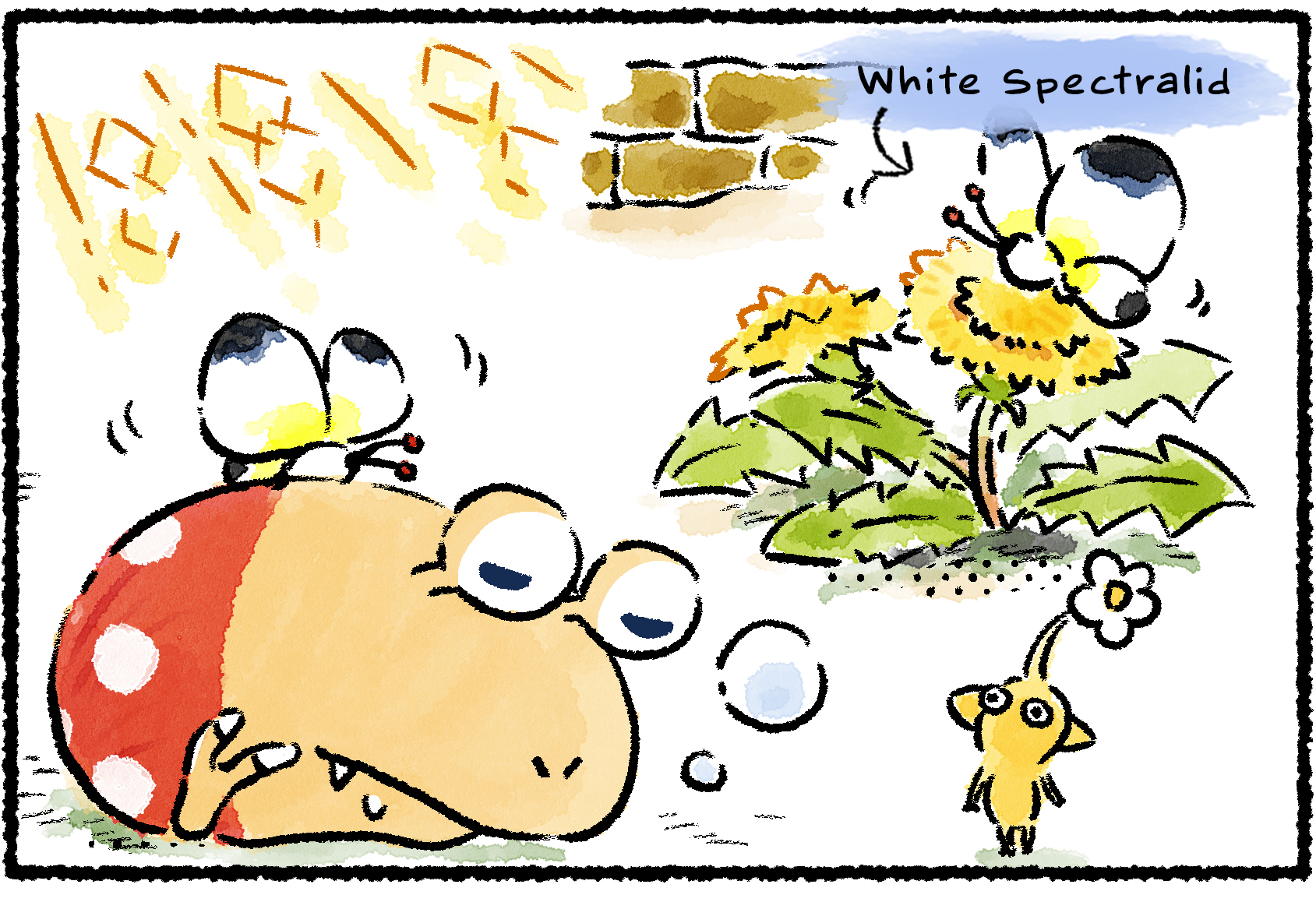 Panel one. A Yellow Pikmin watches a White Spectralid lounging on top of a snoozing Bulborb.