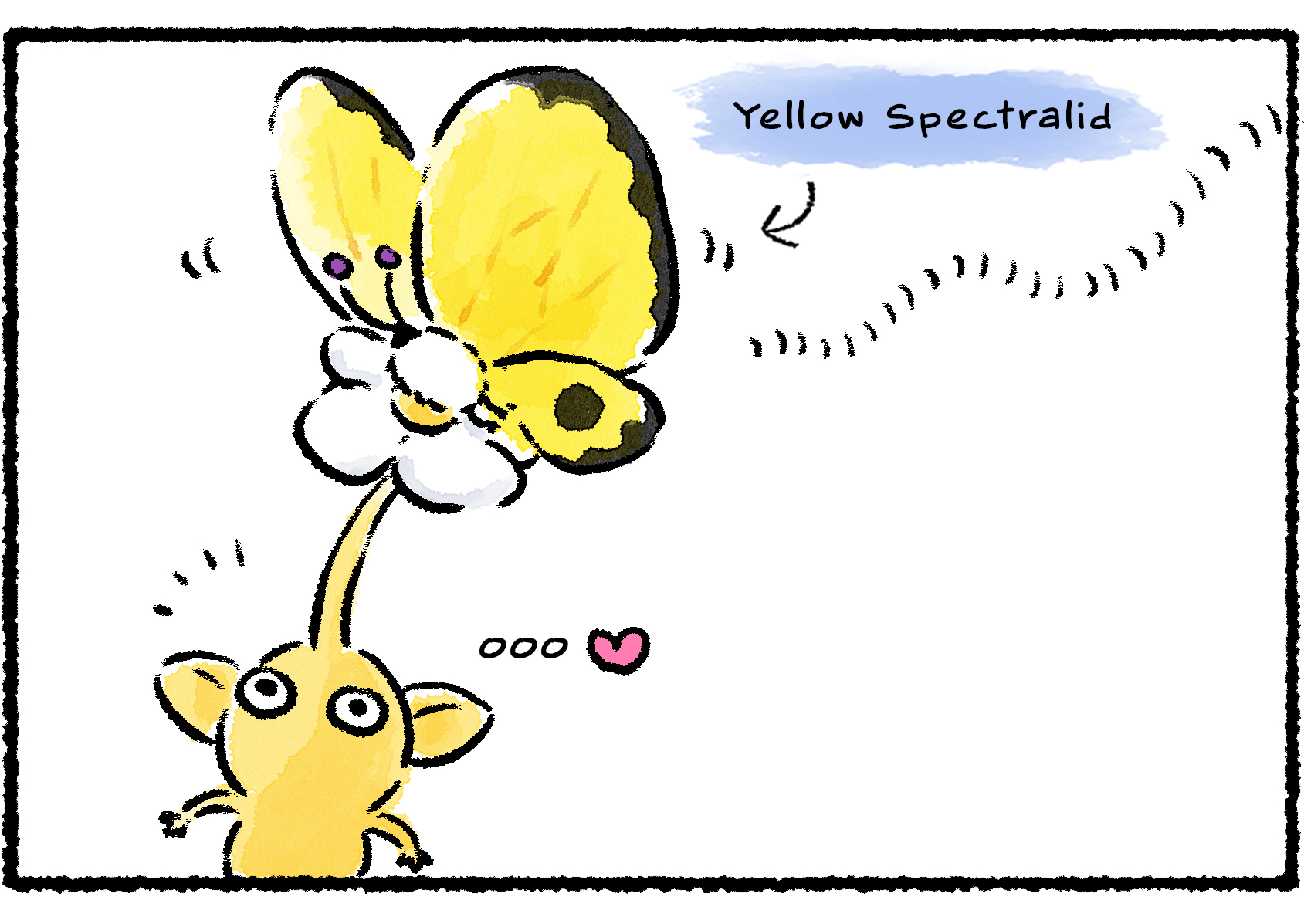 Panel two. The Yellow Pikmin looks up happily as a Yellow Spectralid lands on the flower at the top of its head.