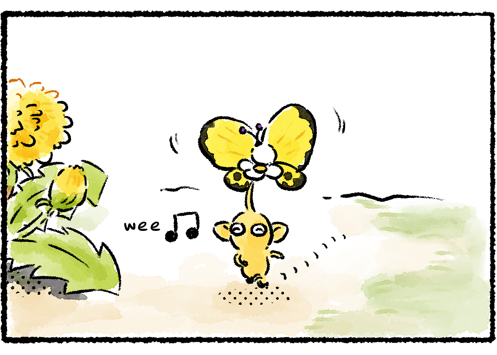 Panel three. The Yellow Pikmin dances happily with the Yellow Spectralid on its head.