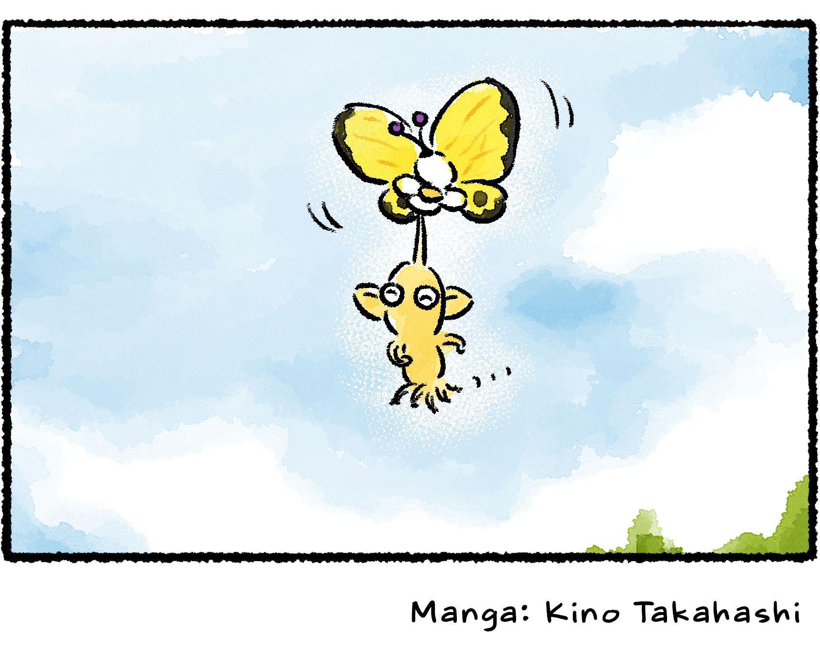 Panel four. The Yellow Pikmin continues dancing happily even as the Yellow Spectralid carries it off into the air.