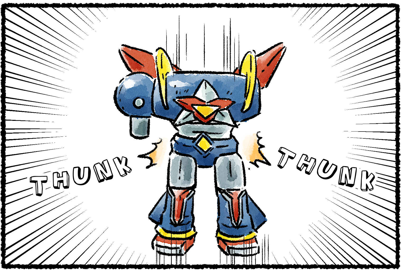 Panel one. Beside text that reads "ASSEMBLE!" a giant robot comes together piece by piece.