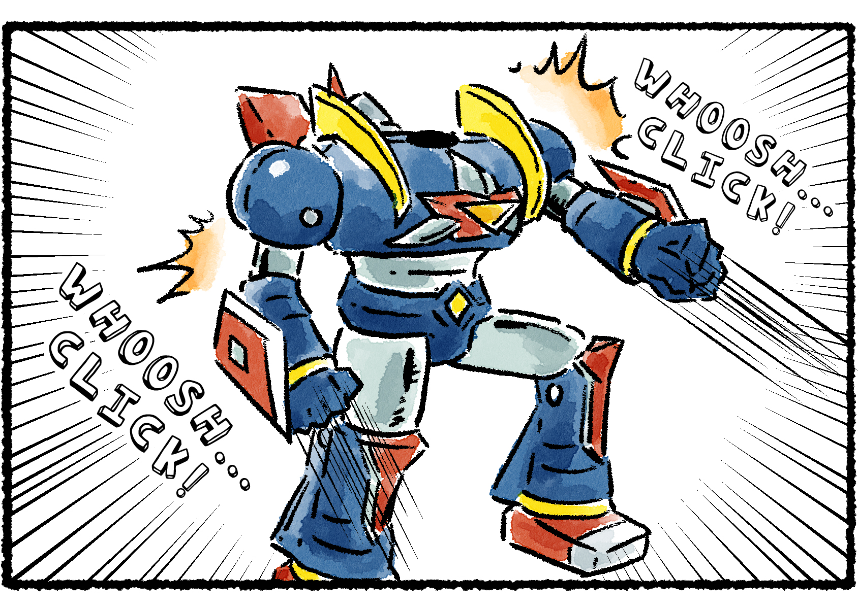 Panel two. The giant robot parts continue to fly into orientation. The robot strikes an action pose, though it is still without a head.