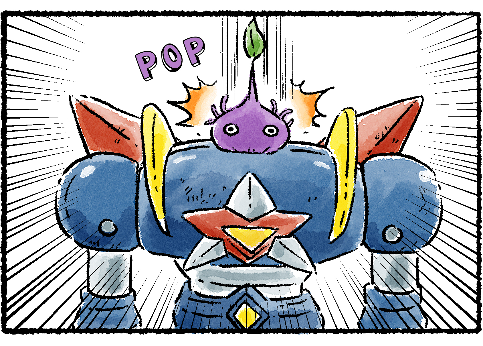 Panel three. A Purple Pikmin falls into the hole in the torso, perfectly fitting where the robot's head should be.