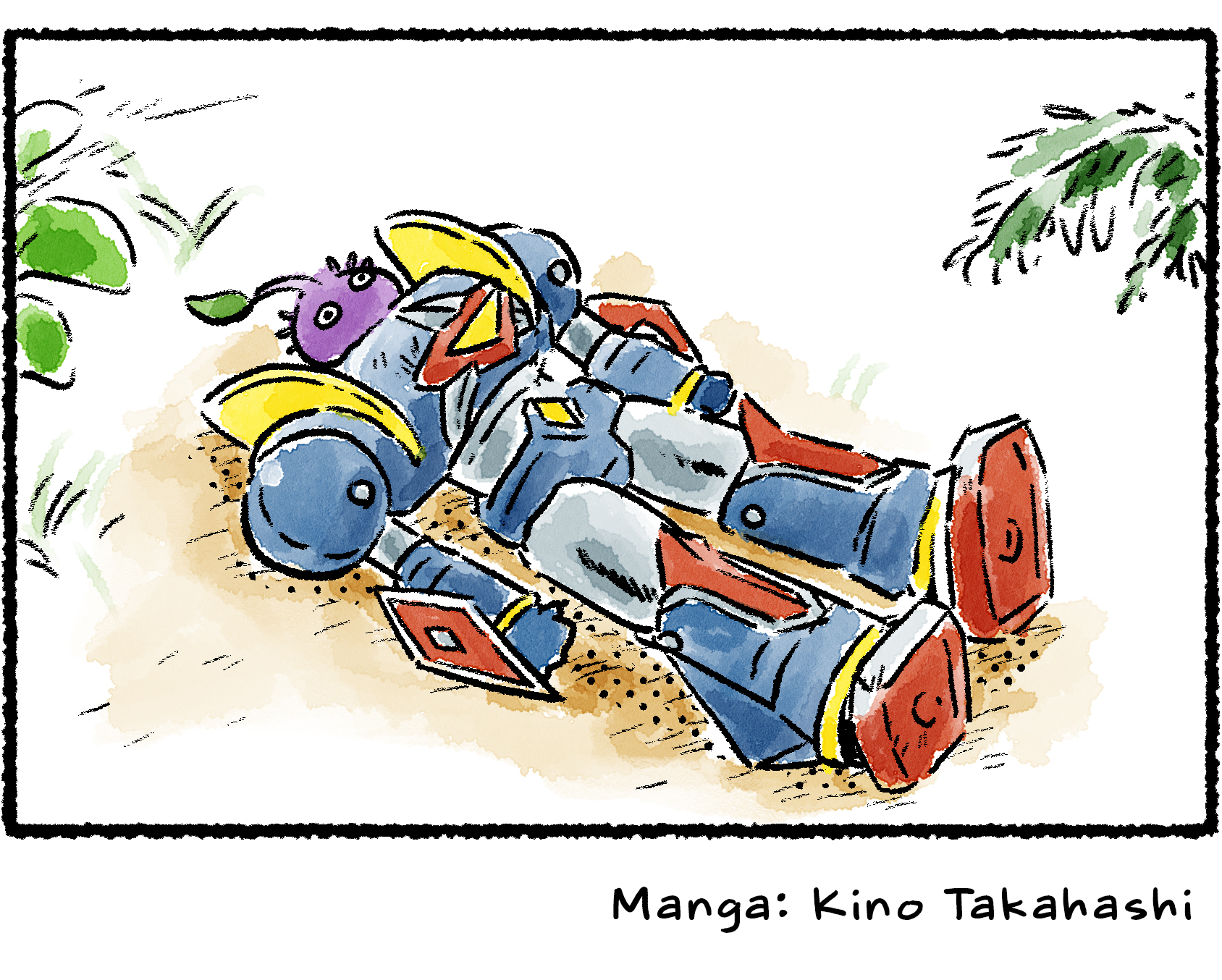 Panel four. The robot lies on the ground, motionless, with a Purple Pikmin as its head.