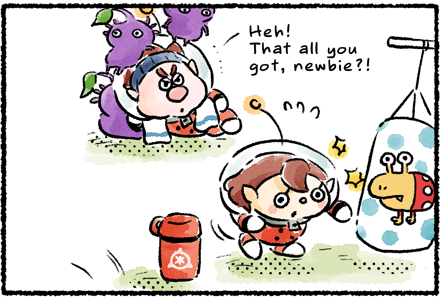 Panel one. A Rescue Officer punches a heavy bag with an image of a Bulborb on it. Dingo, lounging with a group of Pikmin, says, "Heh! That all you got, newbie?!"