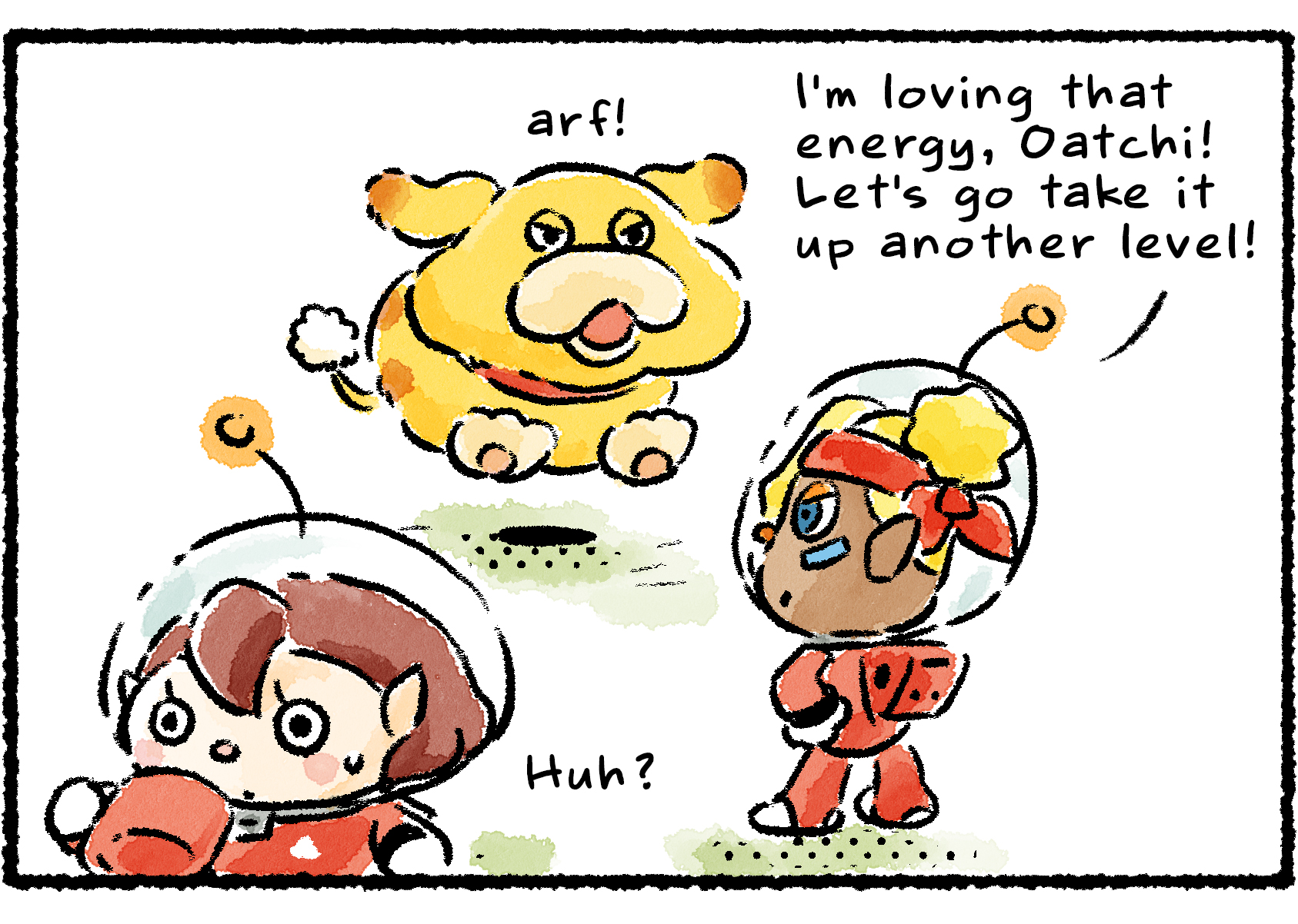 Panel two. Oatchi bounces up and down with Shepherd's encouragement. "I'm loving that energy, Oatchi!" Shepherd says. "Let's go take it up another level!"