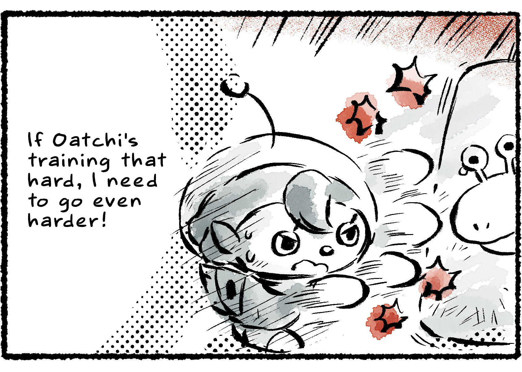 Panel three. "If Oatchi's training that hard," the Rescue Officer says to herself, "I need to go even harder!" She throws a flurry of intense punches at the heavy bag.