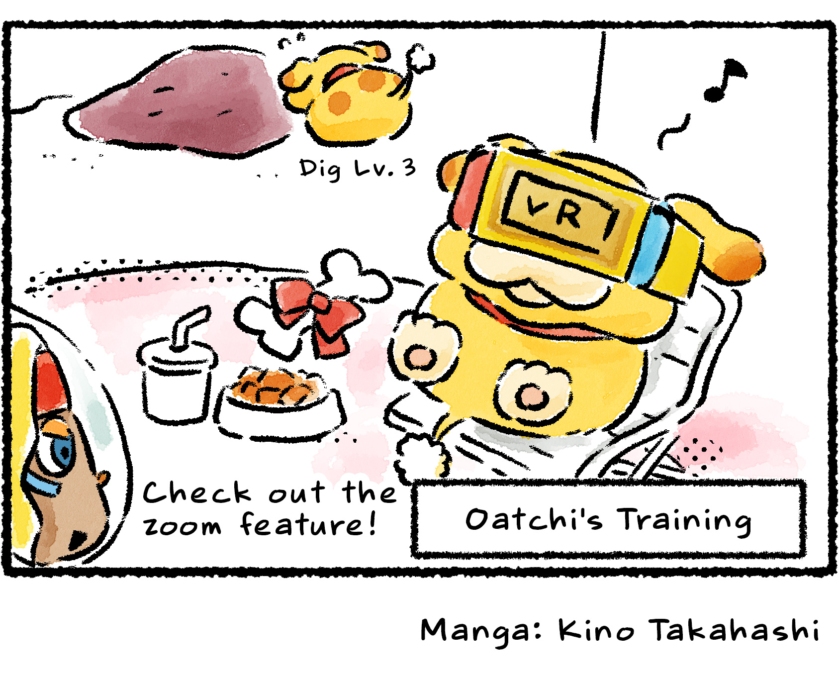 Panel four. Oatchi relaxes in a lounge chair beside a Scrummy Bone and some other treats. He's wearing a VR headset, and seems to be playing some kind of digging game at level 3. "Check out the zoom feature!" Shepherd says to him.