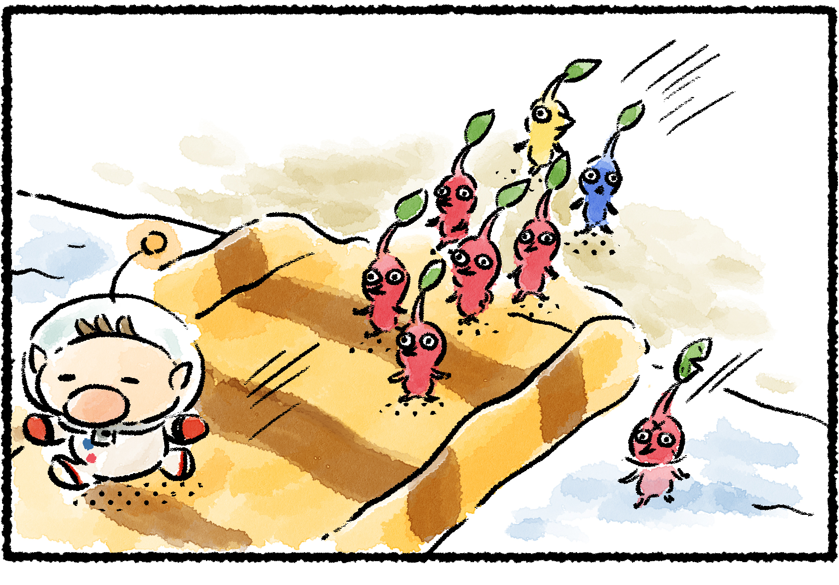 Panel one. Olimar leads a group of Pikmin across a bridge. The veteran Red Pikmin with an X mark on its head, from previous strips, falls off the bridge into the water.