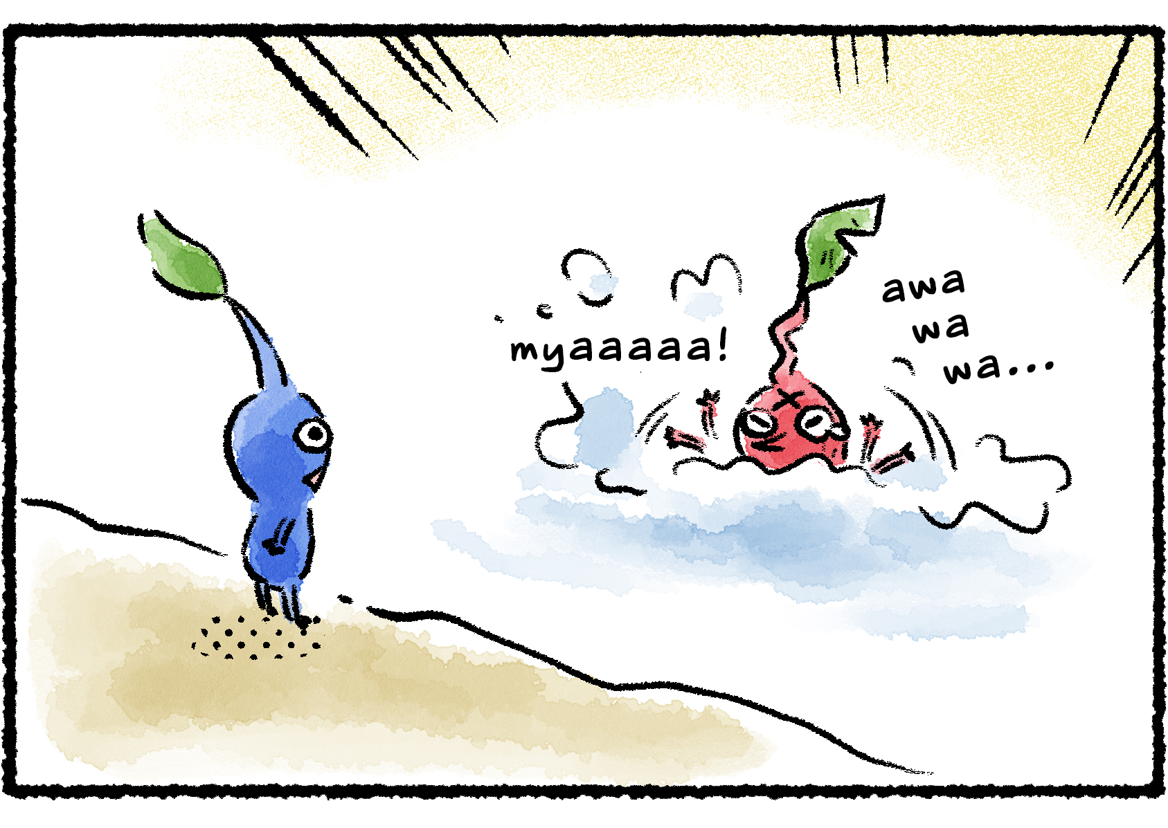 Panel two. The veteran Red Pikmin flails its arms while a Blue Pikmin watches from the shore.