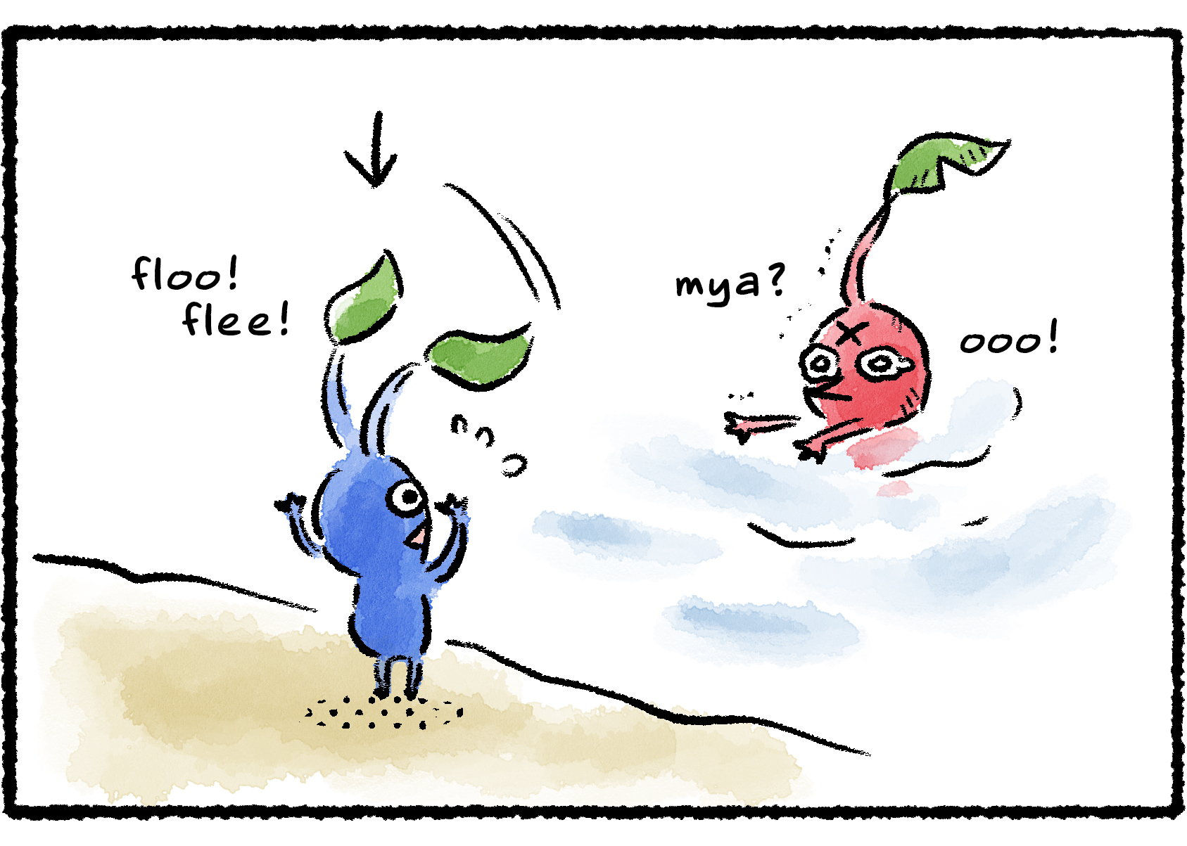 Panel three. The Blue Pikmin begins waving its head leaf back and forth and seems to be calling out instructions.